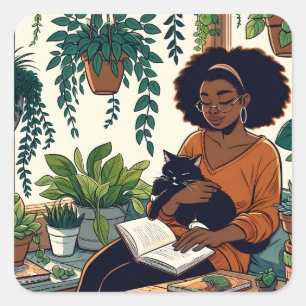 Sticker Carré Femme Se détendre avec son chat, son livre et ses