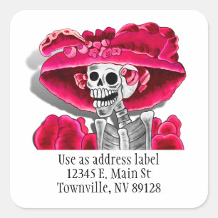 Sticker Carré Femme Squelette Rieur en Bonnet Rouge