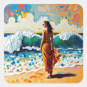 Sticker Carré Femme sur la plage Art abstrait de bord de mer