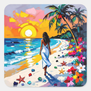 Sticker Carré Femme sur la plage Scène tropicale