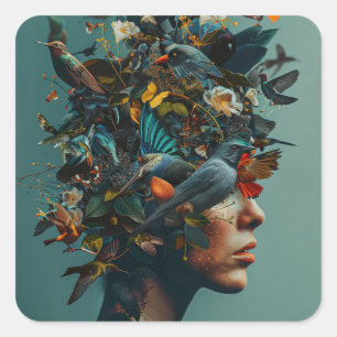 Sticker Carré femme tête mode oiseaux nature fleur plante beaut