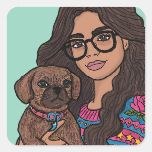 Sticker Carré Femme tirée à la main avec son Chien de Puggle