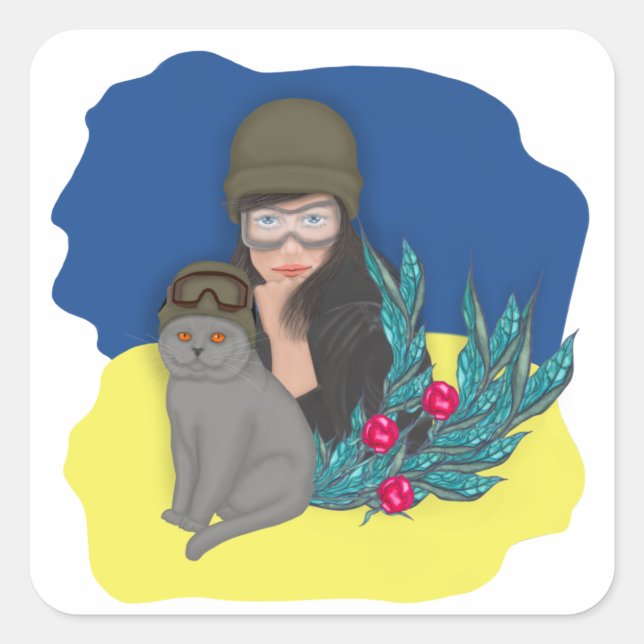 Sticker Carré Femme ukrainienne militaire (Devant)