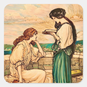 Sticker Carré Femmes Art Nouveau lisant au bord de la mer