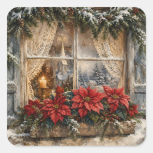 Sticker Carré Fenêtre de Noël au poinsettia enneigé