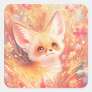 Sticker Carré Fennec Fox entouré de Sunset Blossoms