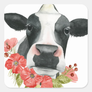Sticker Carré Ferme à pavot - Vache aux fleurs