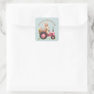 Sticker Carré Ferme de lapin de Pâques fantaisiste tracteur vint