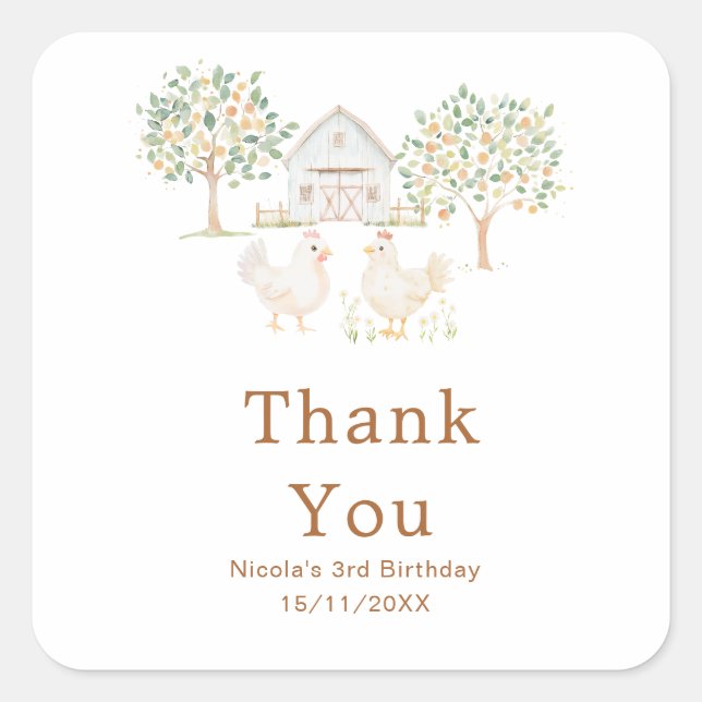 Sticker Carré Ferme de poules mignonnes Fête d'anniversaire de g (Devant)