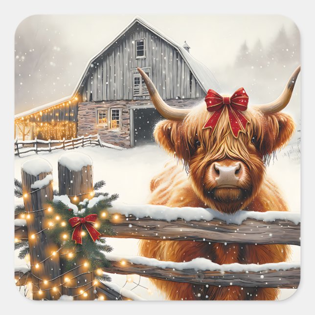 Sticker Carré Ferme vintage et Vache des Highlands (Devant)