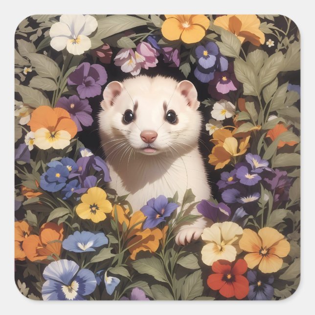 Sticker Carré Ferret Cute Niché Dans Le Jardin De Pansies (Devant)
