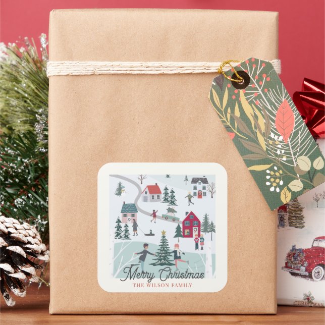 Sticker Carré Festif hiver Noël Ville/Village Vacances (vacances)