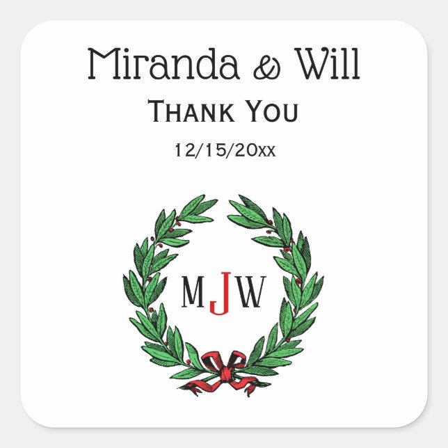 Sticker Carré Festif Noël Noël Noël Holly Wreath Monogramme (Devant)