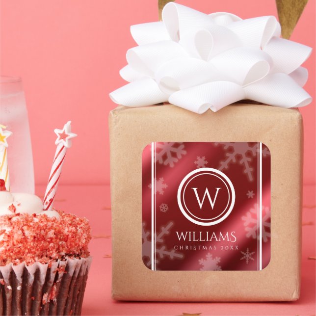 Sticker Carré Festif Red Foil Snowflakes Nom du monogramme (Fête)