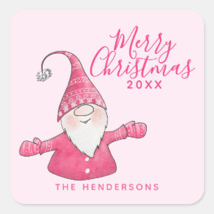 Sticker Carré Festif rose mignon Gnome Personnalisé Joyeux Noël