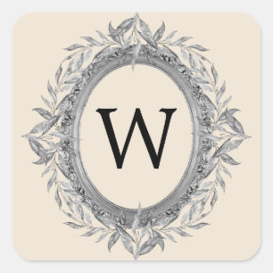 Sticker Carré Festif vacances Silver Grey Feuilles Wreath Monogr