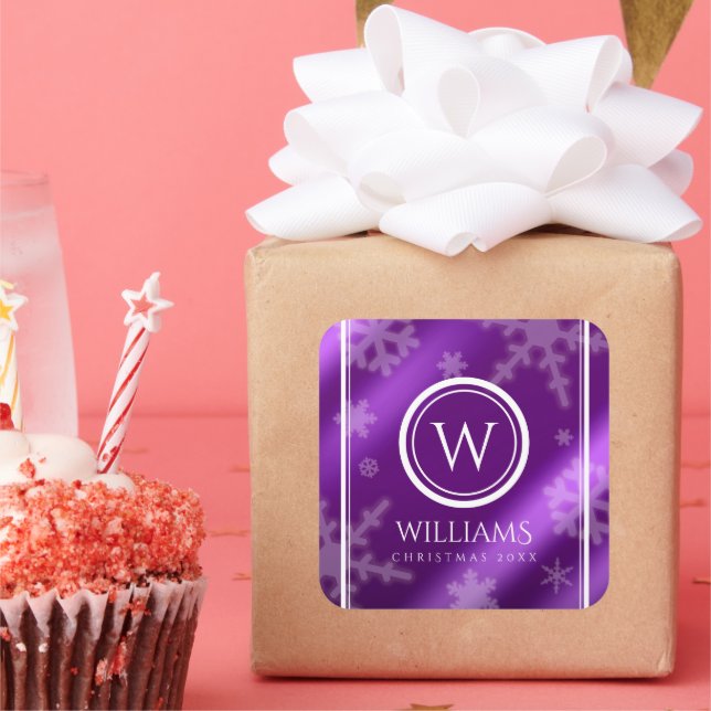Sticker Carré Festif Violet Foil Snowflakes Nom du monogramme (Fête)