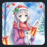 Sticker Carré Festive Anime Girl Christmas<br><div class="desc">Mignonne fille anime avec chapeau de Père Noël avec un arrière - plan de Noël enneigé. Mignonne de sceller les cartes de Noël ou de stocker les farces.</div>