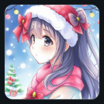 Sticker Carré Festive Anime Girl Christmas<br><div class="desc">Mignonne fille anime avec chapeau de Père Noël avec un arrière - plan de Noël. Mignonne de sceller les cartes de Noël ou de stocker les farces.</div>