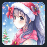 Sticker Carré Festive Anime Girl Christmas<br><div class="desc">Mignonne fille anime avec chapeau de Père Noël avec un arrière - plan de Noël. Mignonne de sceller les cartes de Noël ou de stocker les farces.</div>
