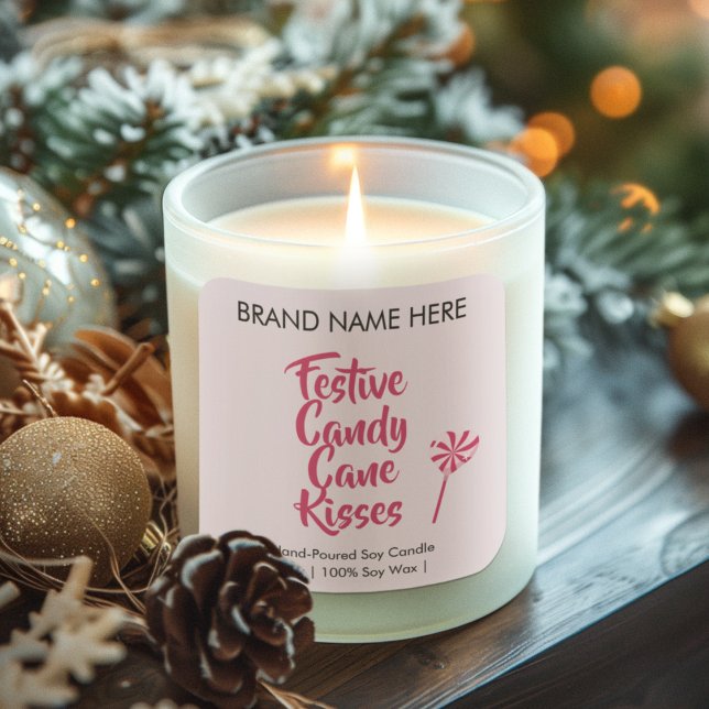 Sticker Carré Festive Candy Cane Kisses | Modern Candle Labels (Créateur téléchargé)