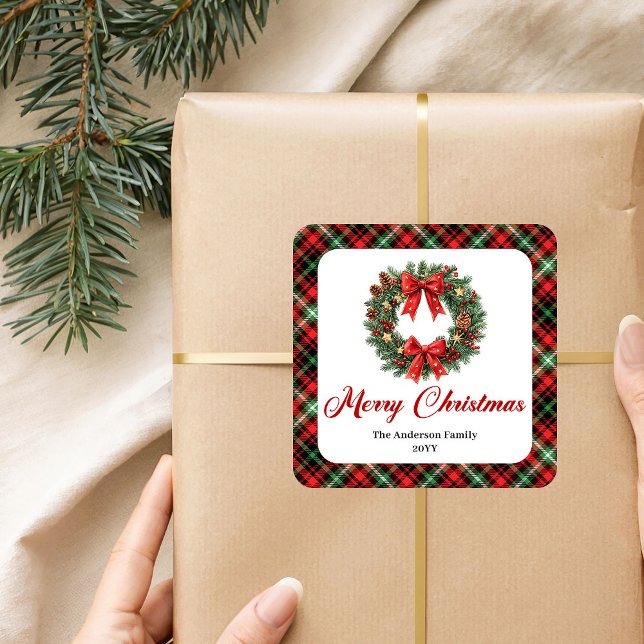 Sticker Carré Festive Christmas Wreath Red Green Plaid Labels (Festive Christmas Wreath Red Green Plaid Label)