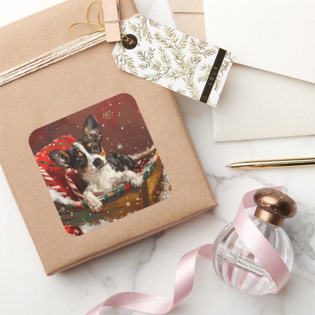 Sticker Carré Festive de Noël de chien de Rat Terrier (Cadeaux)