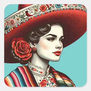 Sticker Carré Festive Fiesta Vintage Mexicaine Fête de la Femme 