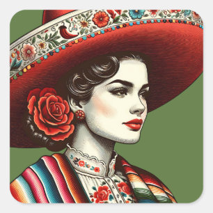 Sticker Carré Festive Fiesta Vintage Mexicaine Fête de la Femme 