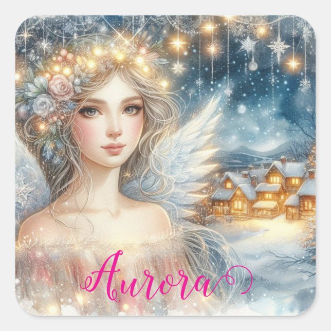 Sticker Carré Festive Gold Watercolor Ethereal Frost Snow Angel (Devant)