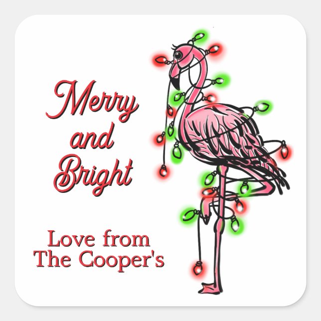 Sticker Carré Festive holiday Flamingo  red green Xmas lights (Devant)