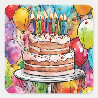 Sticker Carré Festive Joyeux gâteau d'anniversaire, bougies et b
