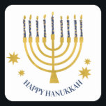 Sticker Carré Festive Menorah bougies Bonne Hanoukka<br><div class="desc">Faux bougies menorah en feuille d'or pour votre fête Hanoukka. Illustration de la menorah lunaire avec des étoiles blanches recouvertes de bougies célestes sur un socle de bougies menorah en faux or. Menorah starry Hanoukka illustrés cadeaux de conception et produits en papier.</div>