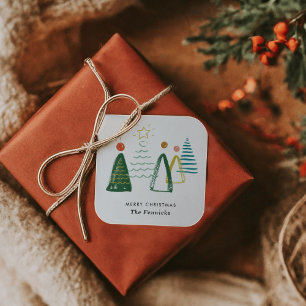 Sticker Carré Festive Moderne Aquarelle Noël Arbres de Noël