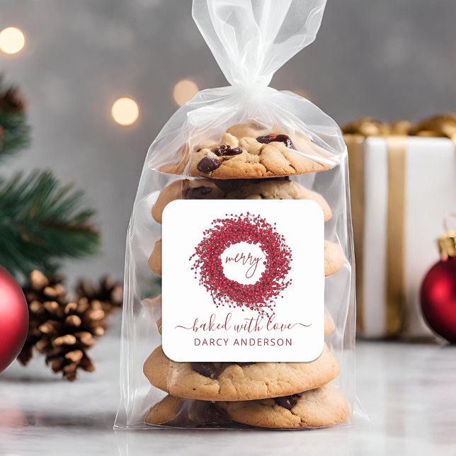 Sticker Carré Festive Moderne Cuite Au Fil Rouge Amoureux (Festive Modern Baked With Love Red Berry Wreath Square Sticker)