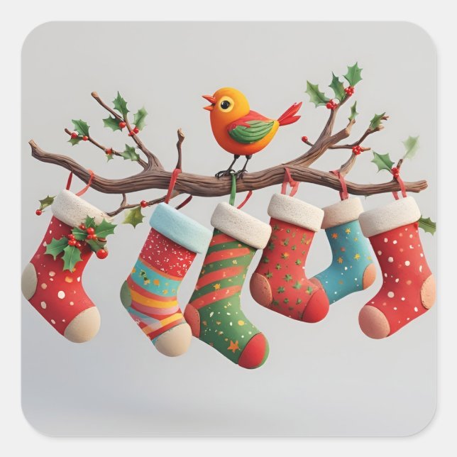 Sticker Carré Festive Noël Stockage suspendu avec Holly (Devant)