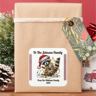 Sticker Carré Festive Raccoon Envelopper Cadeau De Noël Avec Cha