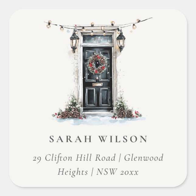 Sticker Carré Festive Winter Watercolor Front Door Address (Devant)