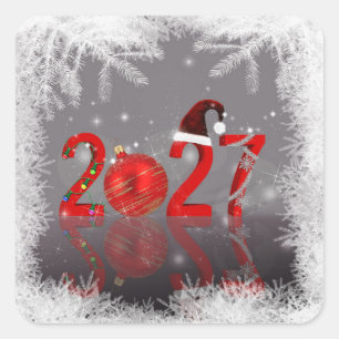 Sticker Carré Fête 2027 Rouge Joyeux Noël Nouvel An