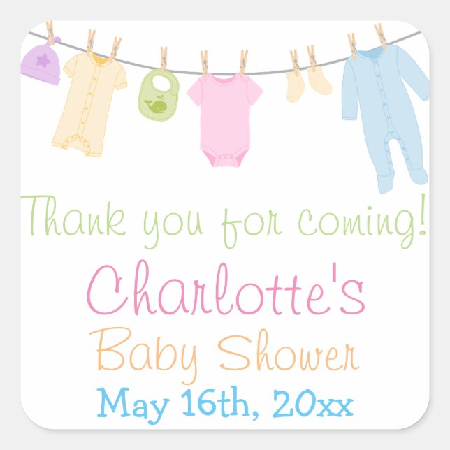 Sticker Carré Fête Baby shower Little Clothes Favoriser (Devant)