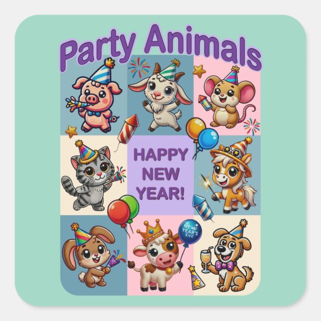 Sticker Carré Fête d'animaux "Bonne année" (Devant)