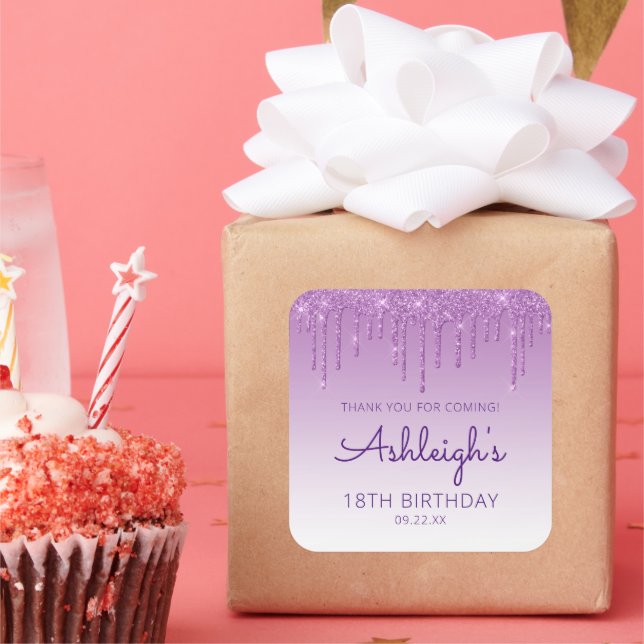 Sticker Carré Fête d'anniversaire 18 ans Purple Glitter Drip Mer (Fête)
