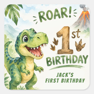 Sticker Carré Fête d'anniversaire 1 an dinosaure T-Rex aquarelle