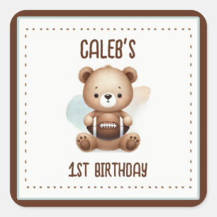 Sticker Carré Fête d'anniversaire 1 an Teddy Bear Football aquar