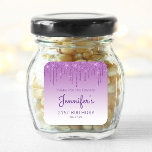 Sticker Carré Fête d'anniversaire 21 ans Purple Glitter Drip Mer