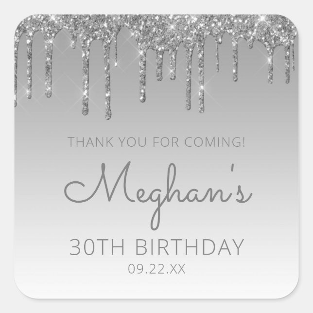 Sticker Carré Fête d'anniversaire 30 ans Silver Glitter Drip Mer (Devant)