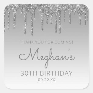 Sticker Carré Fête d'anniversaire 30 ans Silver Glitter Drip Mer