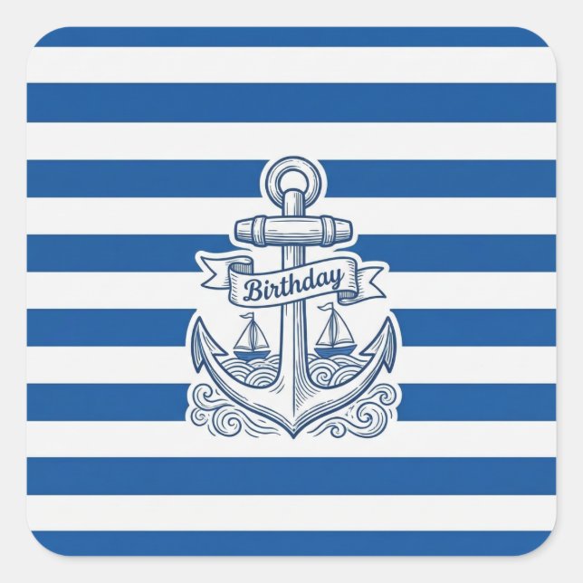Sticker Carré Fête d'anniversaire à rayures nautiques et ancre (Devant)