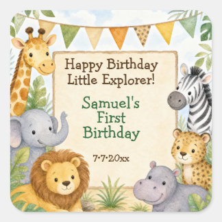 Sticker Carré Fête d'anniversaire Animaux de Safari Aquarelle