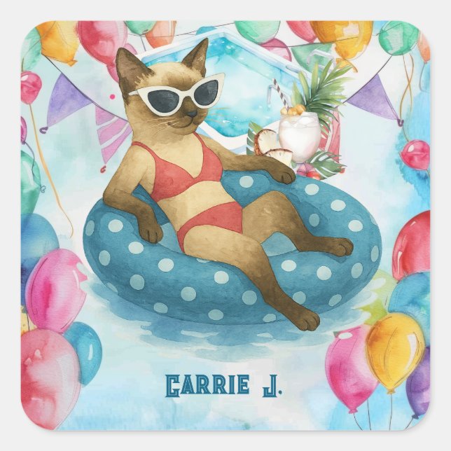 Sticker Carré Fête d'anniversaire au bord de la piscine pour les (Devant)